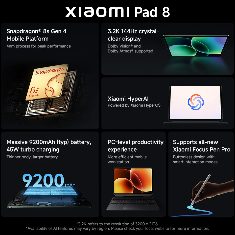 Global Version Xiaomi Pad 8 3.2K 144Hz Display Snapdragon 8s Gen 4 Mi Tablet 9200mAh Battery 45W turbo charging - Image 5