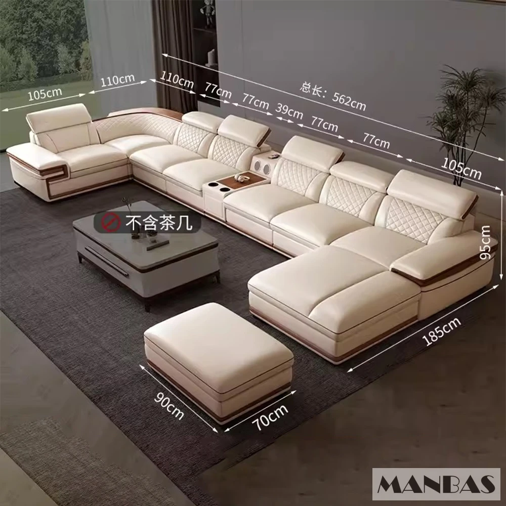 Italian Genuine Leather Sofa Set with Reclining Chaise Lounge, Modern Luxury Living Room Couch with Cup Holders, Beige & Brown - Image 2