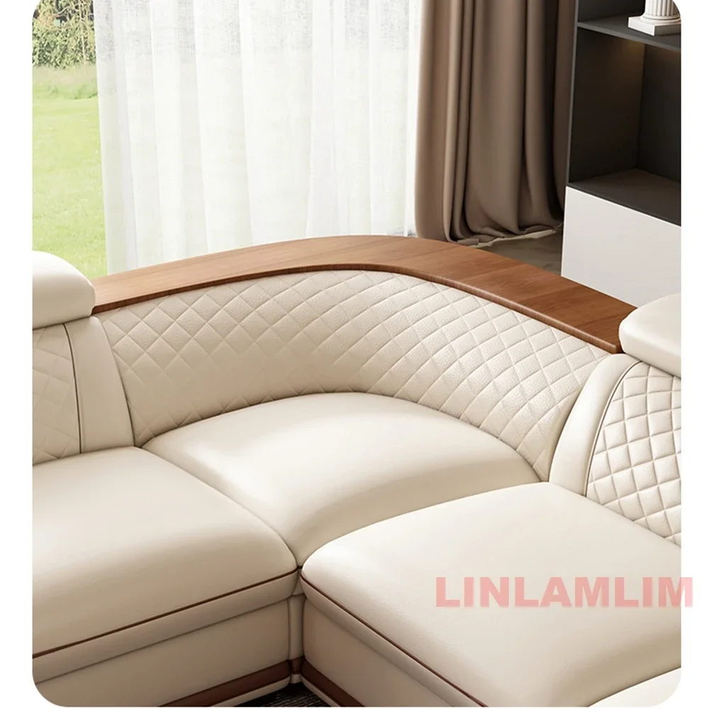 Italian Genuine Leather Sofa Set with Reclining Chaise Lounge, Modern Luxury Living Room Couch with Cup Holders, Beige & Brown - Image 3