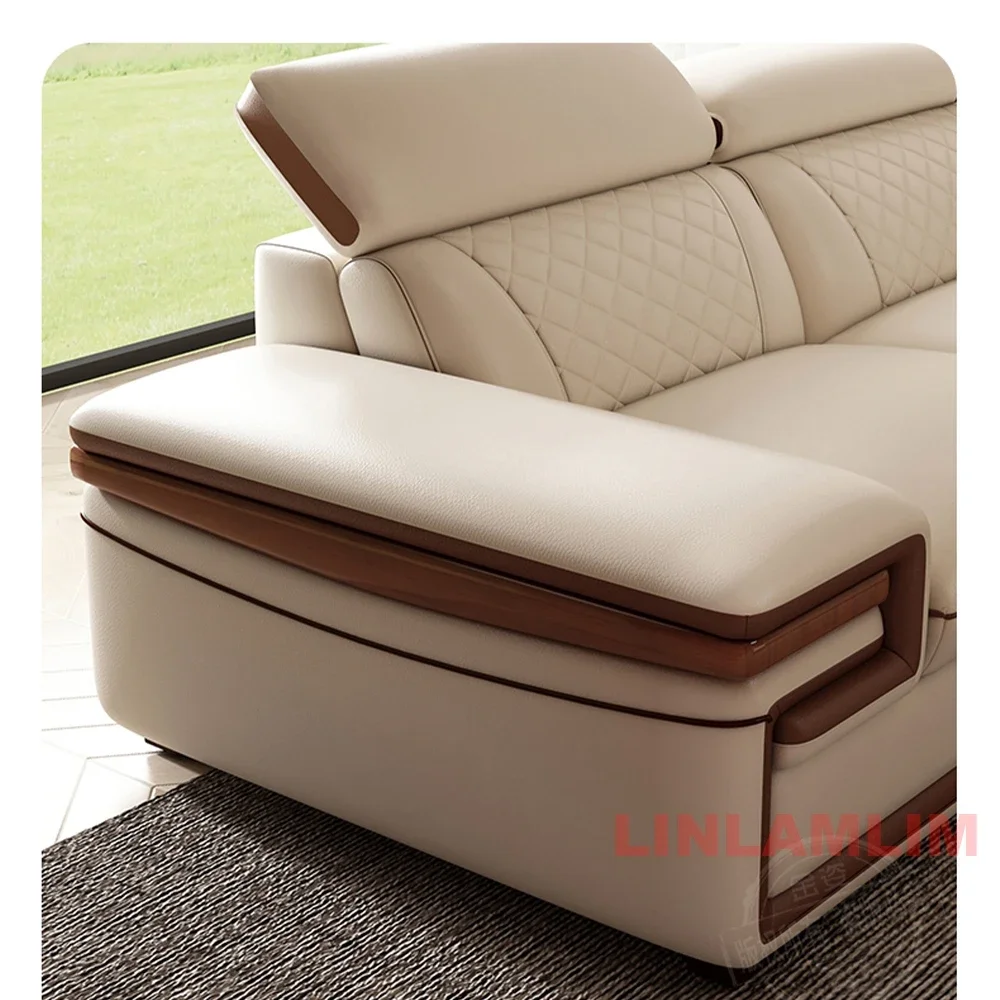 Italian Genuine Leather Sofa Set with Reclining Chaise Lounge, Modern Luxury Living Room Couch with Cup Holders, Beige & Brown - Image 5