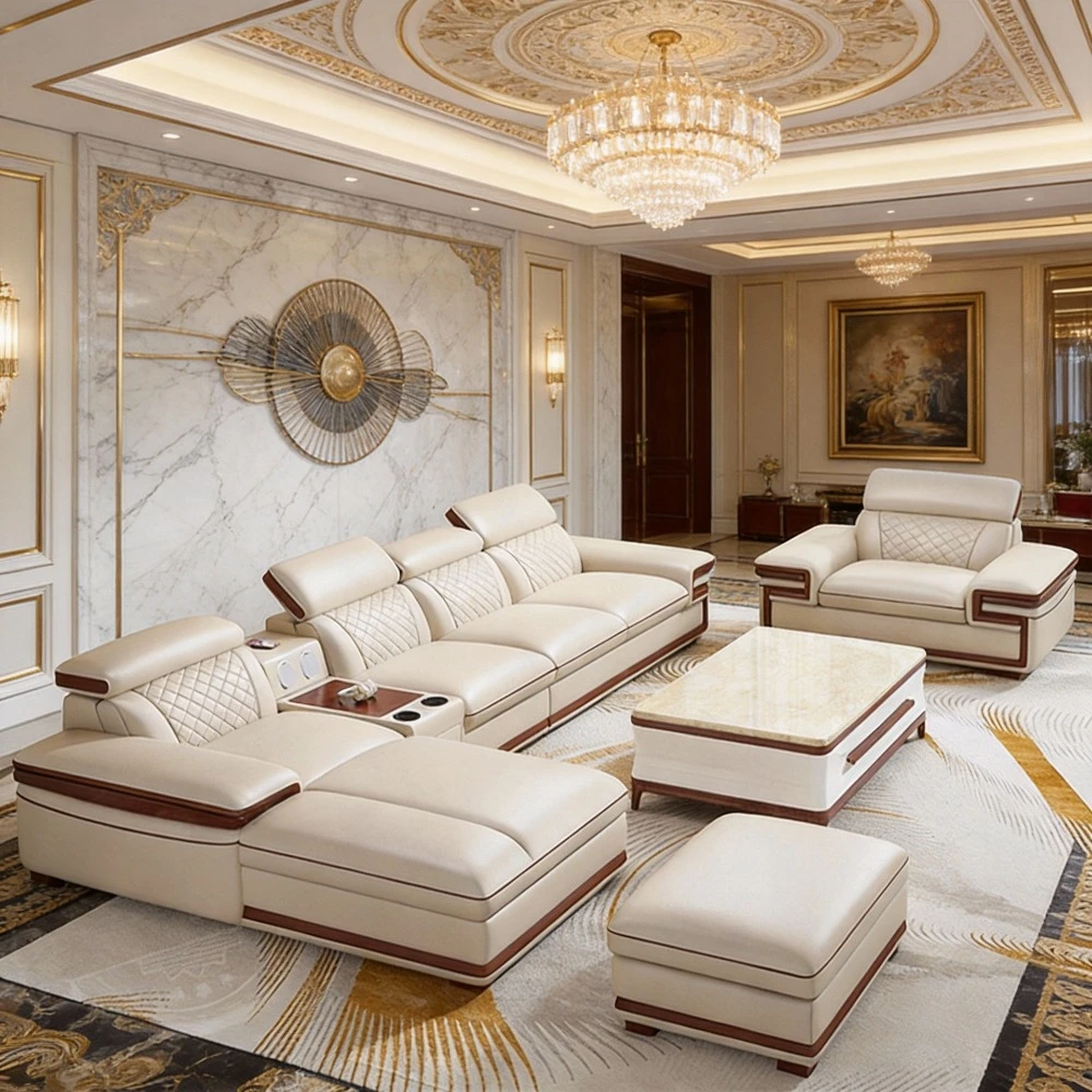 Italian Genuine Leather Sofa Set with Reclining Chaise Lounge, Modern Luxury Living Room Couch with Cup Holders, Beige & Brown