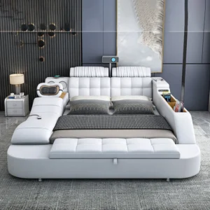 Linlamlim Tech Smart Genuine Leather Bed | Multifunctional Ultimate Beds | Massage Tatami Bed with Projecter | Upholstered Cama