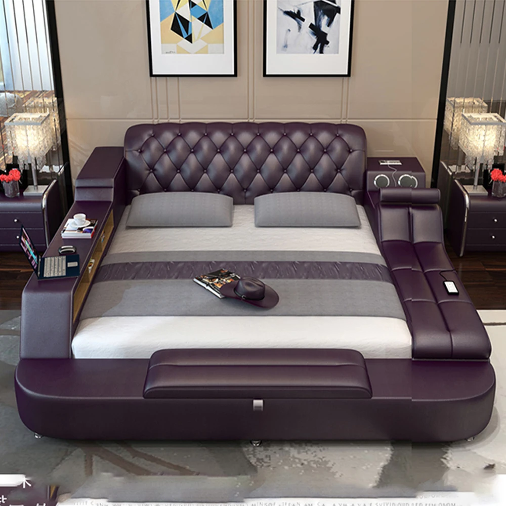 Luxury Multi-Functional Upholstered Platform Bed Frame with Speakers & LED Lights, Modern Tufted Headboard King/Queen Size Bed