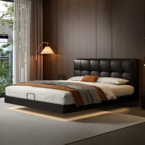 Luxury modern leather black floating double bed 2 people lit 150x200 180x200 200x220cm bedroom beds and bed frames furniture