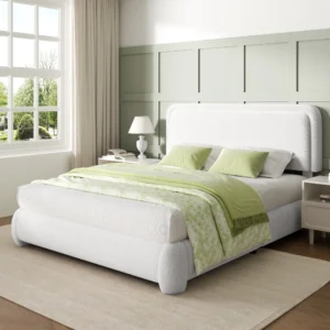 Size Boucle Bed Frame, Cloud Upholstered Platform Bed with Height Adjustable Headboard & Soft Rounded Corners, No Noise Fre