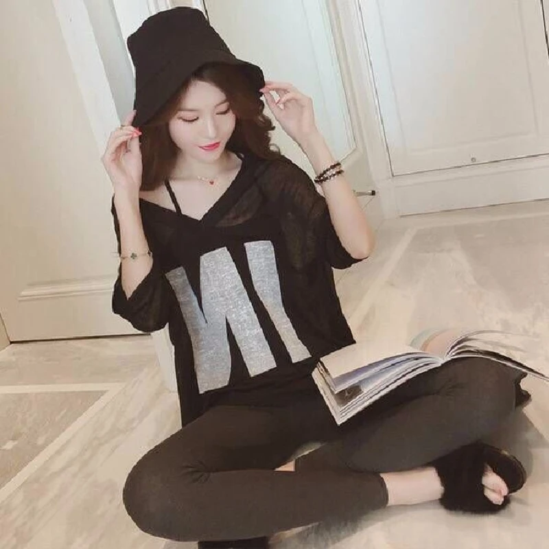 Women Half Sleeve Loose T-Shirts V-Neck Summer Causal Letter Print Crops Tops Pullovers Tees Streetwear Y2K 2pcs T Shirt+Tank - Image 3