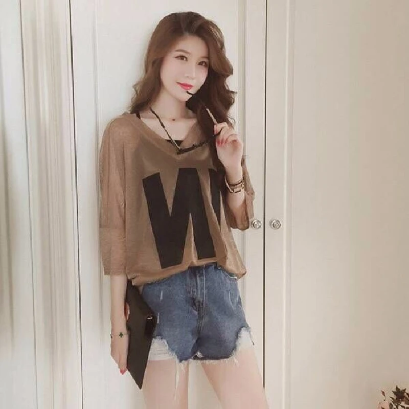 Women Half Sleeve Loose T-Shirts V-Neck Summer Causal Letter Print Crops Tops Pullovers Tees Streetwear Y2K 2pcs T Shirt+Tank - Image 4