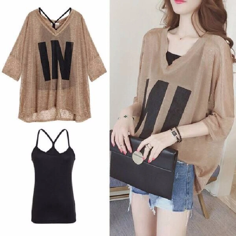 Women Half Sleeve Loose T-Shirts V-Neck Summer Causal Letter Print Crops Tops Pullovers Tees Streetwear Y2K 2pcs T Shirt+Tank