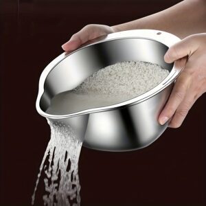 Stainless Steel Multi-Purpose Kitchen Skimmer - Ideal for Washing Rice, Draining Fruit, and Cleaning Vegetables - Durable, Food-safe Mesh Strainer with Handle for Efficient Water Filtration, Rice Scoop