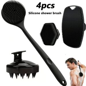 4pcs Shower Brush Set, Used for Back, Face, Body, And Scalp Massage, Gentle Frosted Long Handle Body Brush, Soft Bristles, Skin Cleansing Effectively Removes Dead Skin, Non Slip Grip, Used for Deep Cleaning, Shower Brush Set