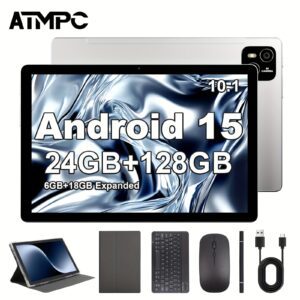 10.1 Inch Tablet Android 15 OS Pad, 2-In-1 Pad with Keyboard, Mouse, Case, Stylus, 128GB ROM 24GB (4GB+20GB) RAM, Dual Camera, High-Frequency Octa-Core Processor, 10.1 Inch IPS High-Definition Display Screen, Tab, 5G Wi-Fi 6, Google, Pad, Tablet