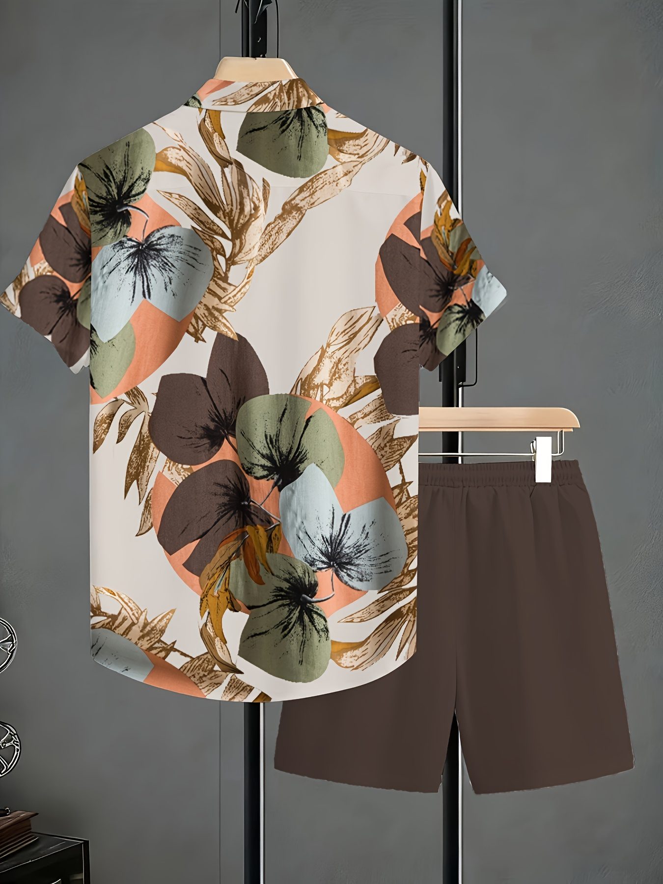 Men'S Summer Plant Print Short-Sleeve Shirt And Shorts Set, a Perfect Gift for Men, Ideal for Everyday Wear - Comfortable Short-Sleeve Shirt with Drawstring Pocket Shorts, New Casual Loose Round-Neck T-Shirt - Image 2