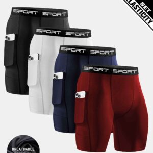 4pcs Men'S Fitness Pocket Shorts, Sports Running Five-Point Pants, Men'S High Elastic Quick-Drying Basketball Training Tight Compression Pants